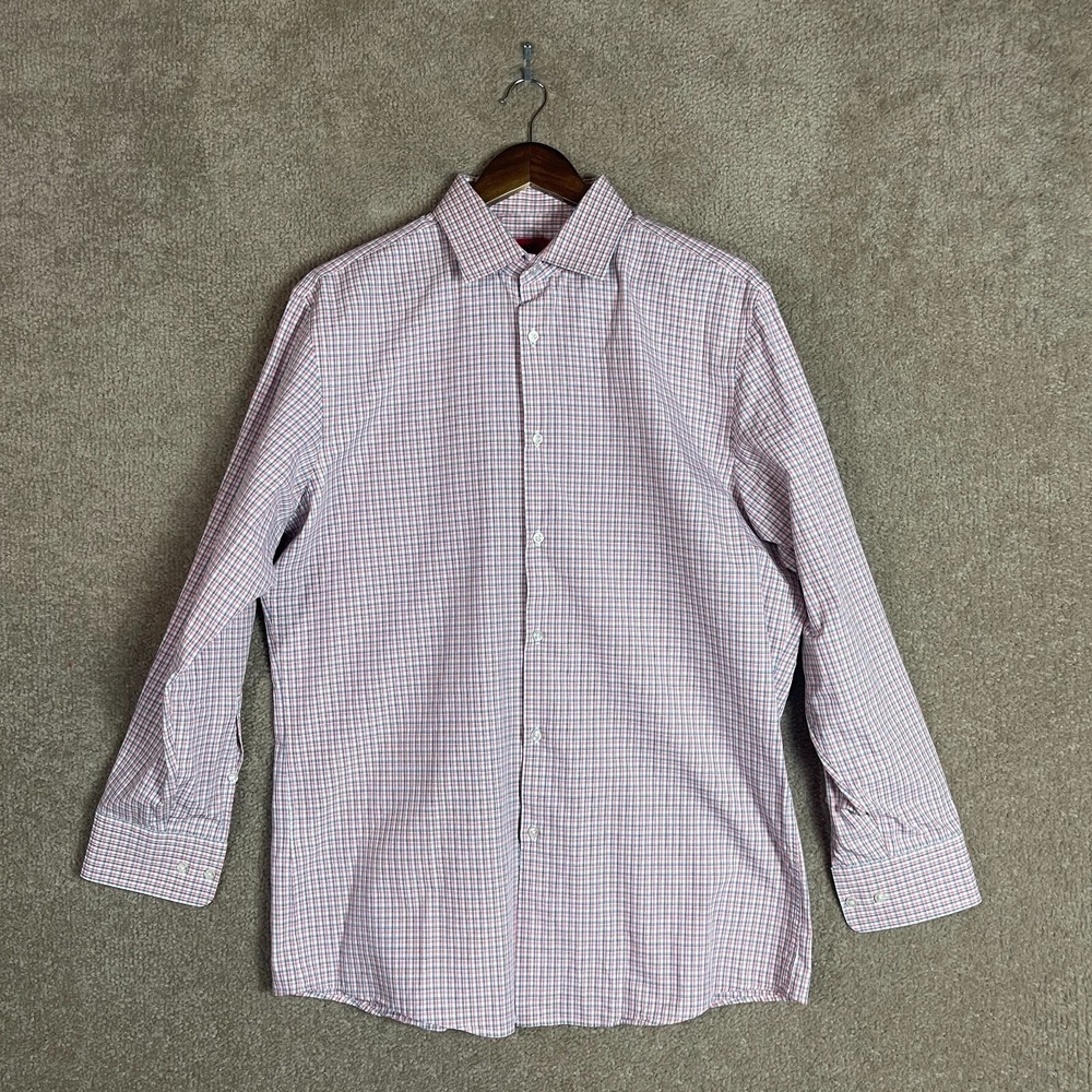 Hugo Boss Dress Shirt Mens 16 Large‎ Red Black Plaid Sharp Fit Button Up Cotton - Picture 2 of 12